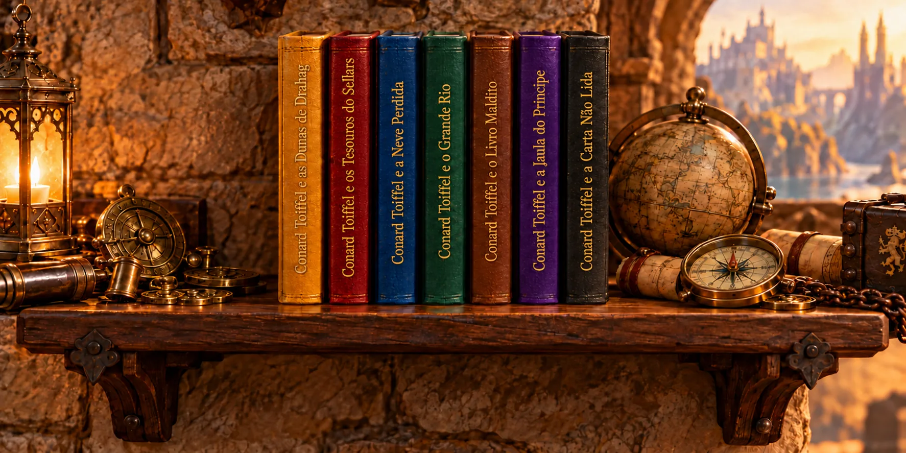 Sete livros de tecido colorido em uma prateleira medieval, junto a objetos de exploração