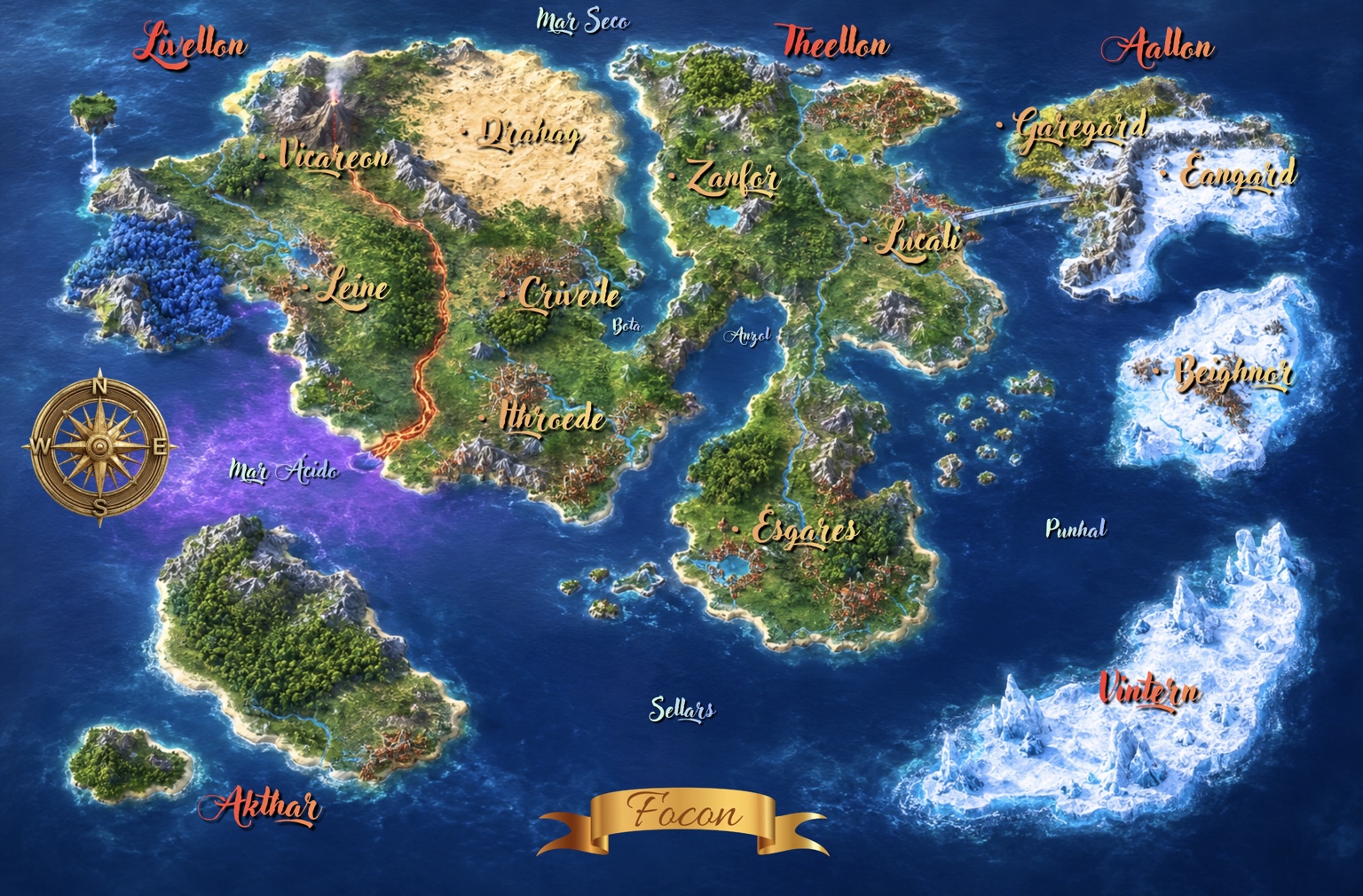 Mapa atualizado de Focon, com Livellon, Theellon, Aallon, Akthar e Vintern